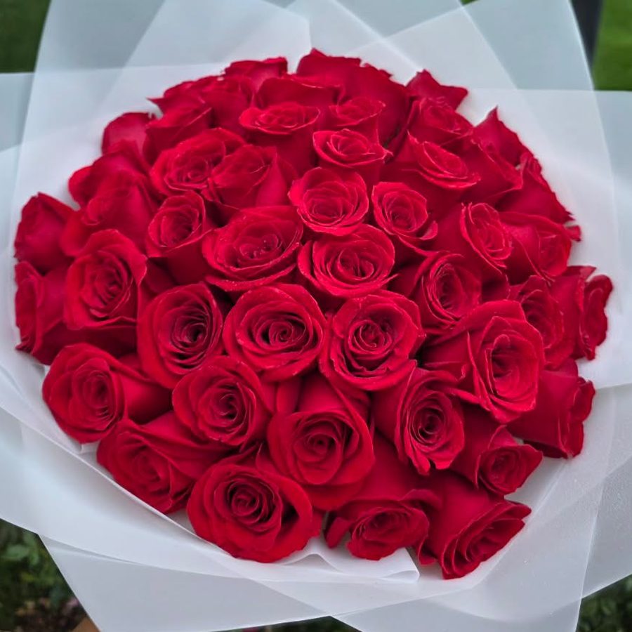 Top view of red roses in white wrap